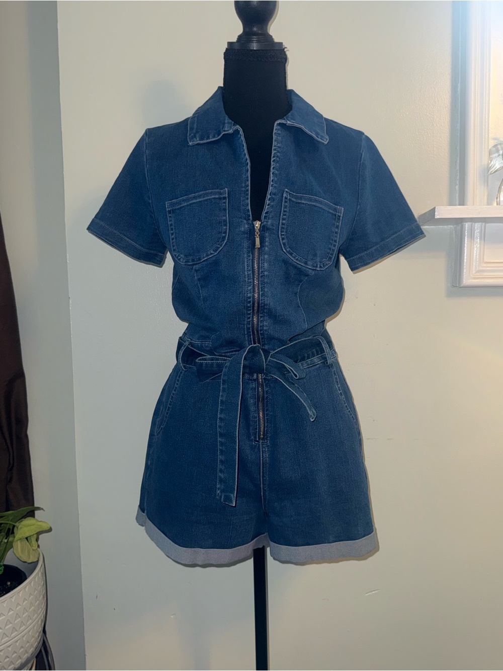Haute Monde Dark Blue Denim Short Sleeve Zip Romper